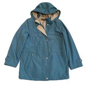 Liz Claiborne Blue & Beige Hooded Rain Jacket - S/P Petite